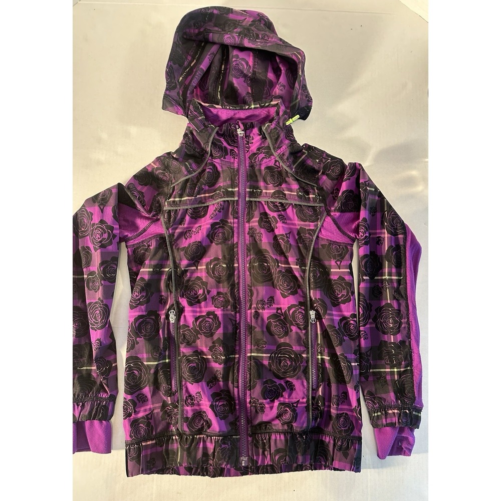 Ivivva By Lululemon Athletic Jacket Purple And Black Rose Print Girls Size 12